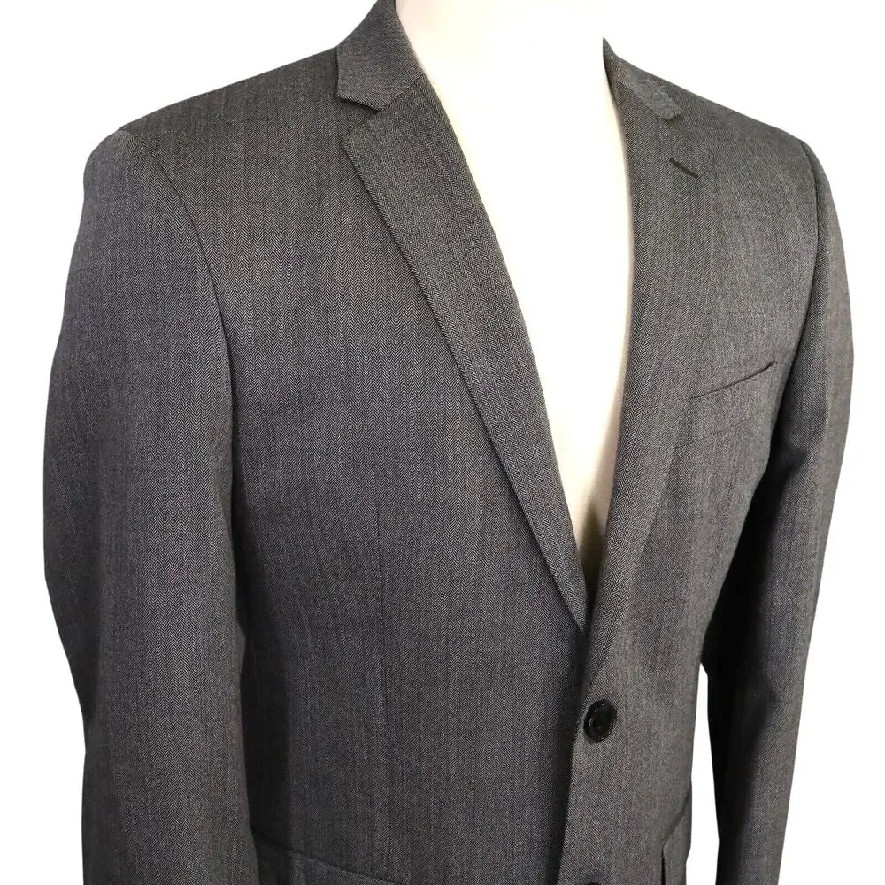 DKNY Sport Coat Mens 42L Gray Wool Herringbone Check Jacket Lined Blazer Career - Picture 7 of 16